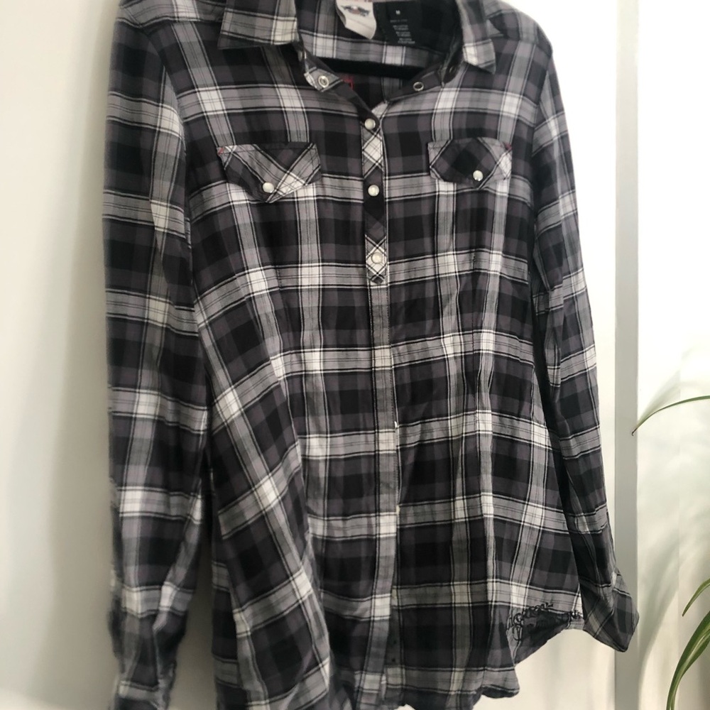 Harley-Davidson Black and White Plaid Shirt with Red Accents